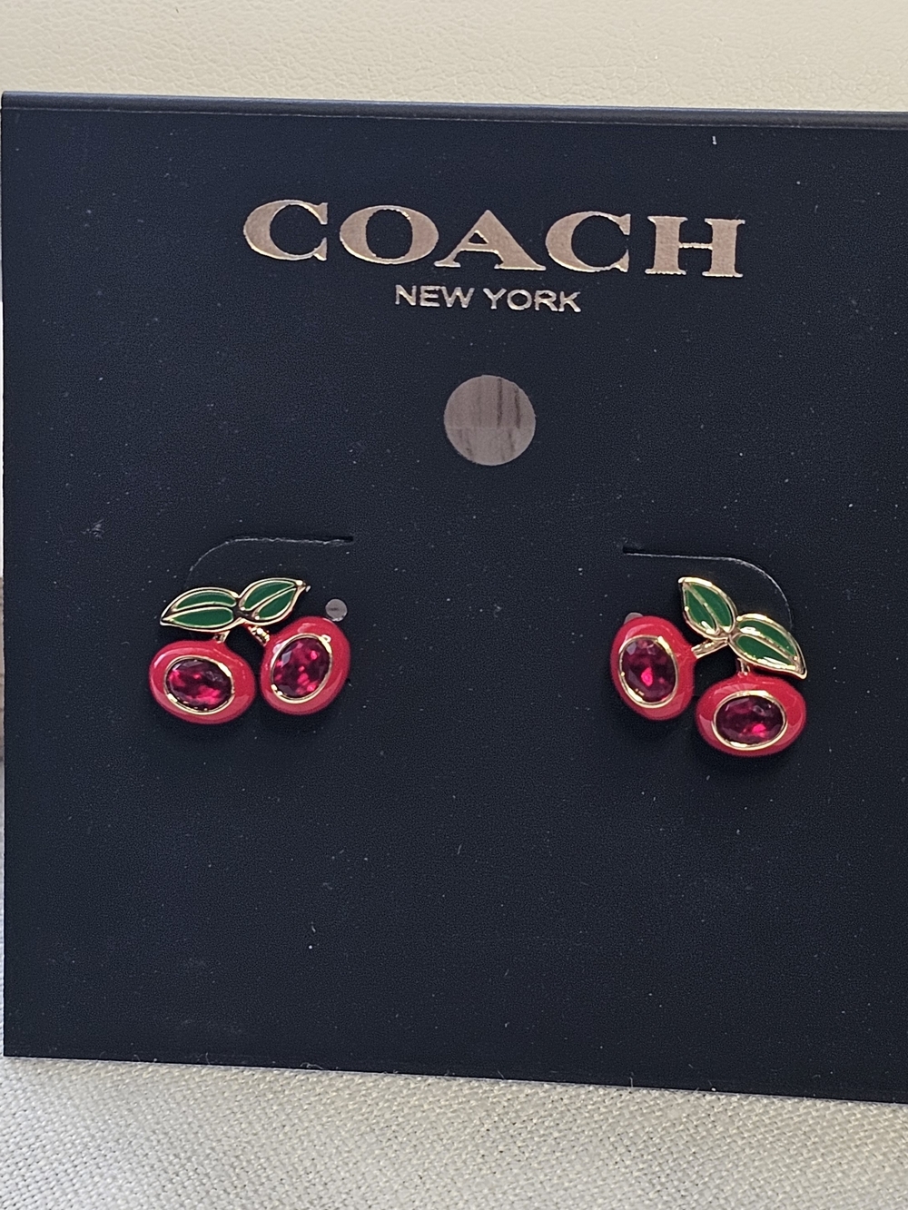 COACH Cherry Enamel Stud Earrings in Red and Green with Gold-Tone Trim